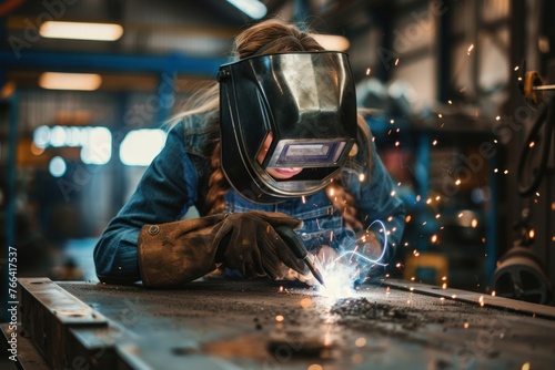 Woman in welding helmet working on piece of metal in workshop
