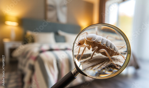 dust mites seen through the magnifying glass in bed, microscopic detail