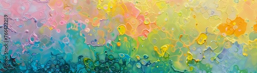 A vibrant, textured background with an abstract pattern of rainbow-colored bubbles blending into each other.