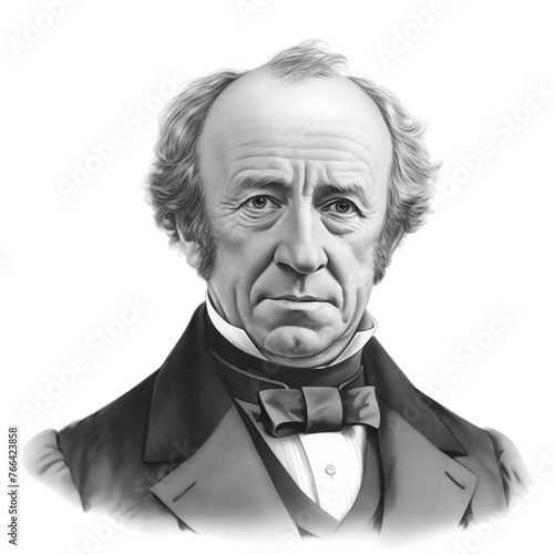 Black and white vintage engraving, close-up headshot portrait of Cornelius Vanderbilt, nicknamed "the Commodore", the famous historical American railroads business magnate, white background, greyscale