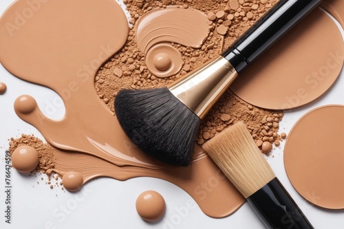 Makeup Liquid foundation smear composition isolated on white background. BB CC Cream Concealer texture. Cosmetic product brush swatch