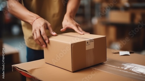 Close-up of a man's hands packing a cardboard box in shop preparing for shipment e-commerce, Logistics, Delivery.