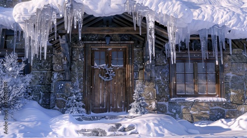 Home exterior with wood wnd stone wall under snowy roof with huge sharp icicles. Front door, transom window, and snoed in hill can also be seen in this winter scenery