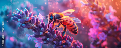 Neon lights glowing on beautiful bee on lavender flower in a close up shot in style of fantasy world with fantasy nature background with purple and blue color theme.