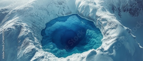 An aerial view of a deep blue ice hole in a snow-covered Arctic environment. Lake on a glacier