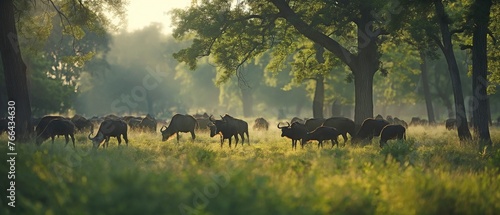 A gaur herd calmly grazing in a clearing in the woodland. Natural world and wildlife