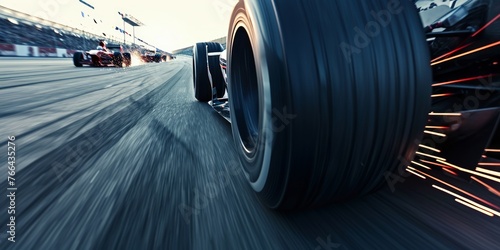A race car speeds along a racetrack, emitting sparks as it grazes the curb during a high-speed moment.closeup