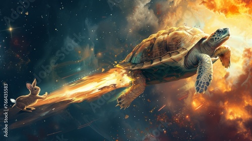 Turtle flying through the sky using a jet engine, a hare trying to catch up with it
