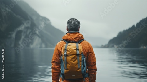 Solitary Hiker Overlooking a Misty Mountain Lake at Dusk