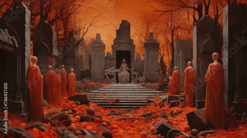 A painting of a graveyard with a statue of Jesus Christ in the middle. The painting is in orange and red tones