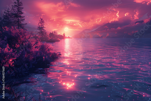 Painted sunset or sunrise warm purple and pink colors with reflection in the water wallpaper