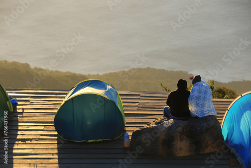 Tourists enjoy the view of the Spirit of the Mountain viewpoint on the Conchagua volcano in La Union in El Salvador