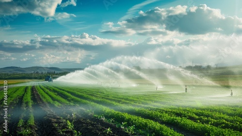 An agricultural field being irrigated by a lateral move system, with the system slowly moving across the field