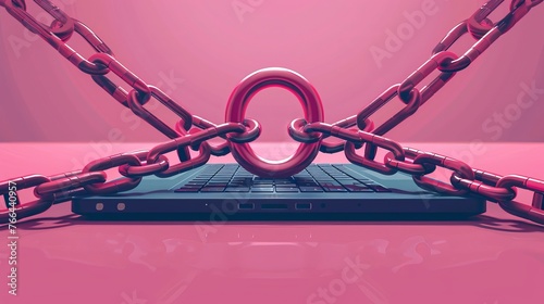 Flat illustration depicting a security center with a lock and chain around a laptop, symbolizing data security measures and protection.