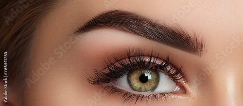 Eye of a lady seen up close displaying lengthy eyelashes and adorned with dark brown eyeliner, emphasizing its beauty