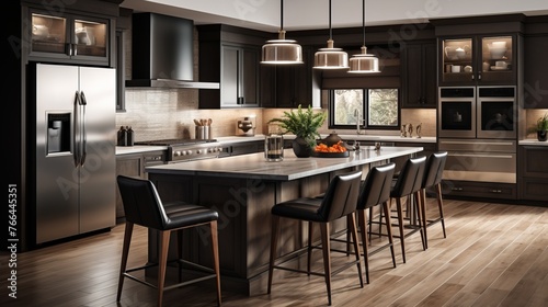 Modern kitchen design with dark wood cabinets and stainless steel appliances
