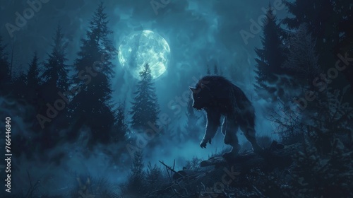 A werewolf transforming in a forest clearing, its silhouette agonizingly changing under the full moon's eerie glow