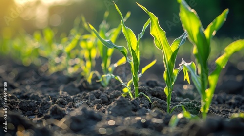 Close-up of fresh green corn sprouts emerging from the soil in a cultivated farm field