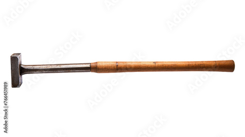 A sturdy hammer with a polished wooden handle laying gracefully on a pure white background