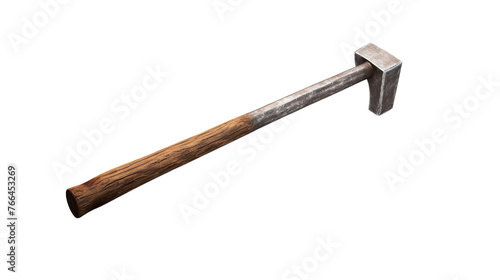 A wooden-handled hammer sits gracefully on a white stage