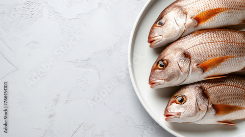 Drei frische, rote Schnapper Fische liegen nebeneinander auf weißem Teller auf grau strukturiertem Hintergrund in der Draufsicht