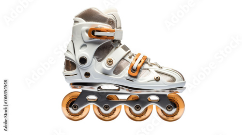 A single white roller skate with vibrant orange wheels standing proudly on a white background