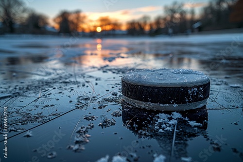 Hockey puck on ice with the goal in the background