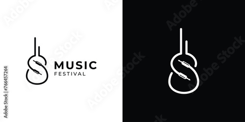 Creative Music Festival Logo. Guitar and Plug with Linear Outline Style. Musical Logo Icon Symbol Vector Design Inspiration.