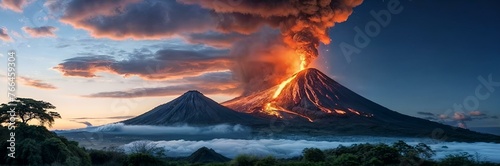 A volcano erupts, spewing lava and ash high into the air.