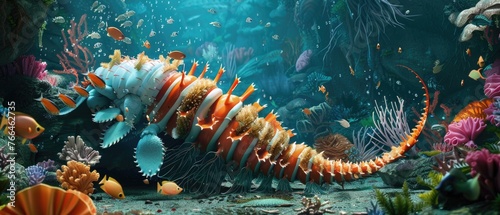 A playful 3D scene showing a giant isopod engaging in an unlikely friendship with a group of mermaids, illustrating a whimsical underwater story