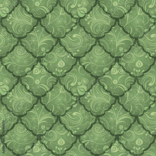 Vector vintage hand drawn geometric green ecology gradient seamless pattern with floral ornament