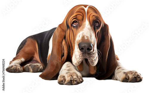 A basset hound peacefully curls up on the ground, its ears drooping and eyes closed
