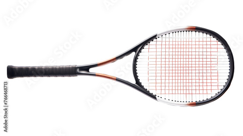 Close up of a tennis racket on a white background