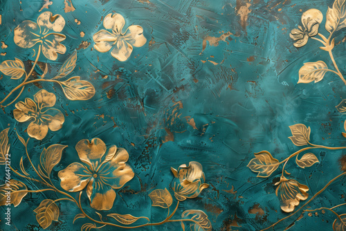 Vintage gold floral pattern on a verdigris canvas. Background image. Created with Generative AI technology.