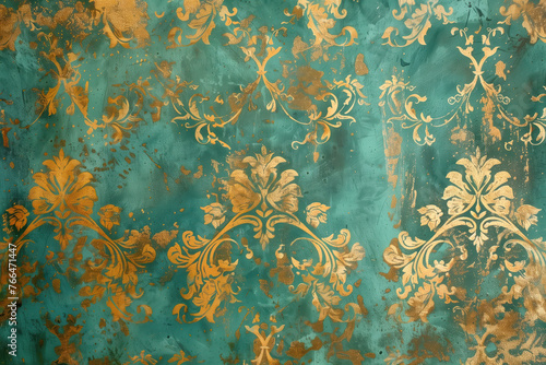 Vintage gold floral pattern on a verdigris canvas. Background image. Created with Generative AI technology.