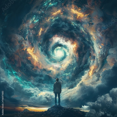 Ignite imagination with a mesmerizing rear view illustration, showing a person transfixed by a digital portal opening in the sky Convey a sense of awe and contemplation as the simulated reality unrave