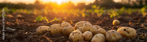 A Freshly unearthed potatoes lying in fertile soil at sunset on a farm