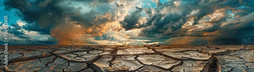 A Vast landscape of dried cracked earth under a dramatic cloudy sky