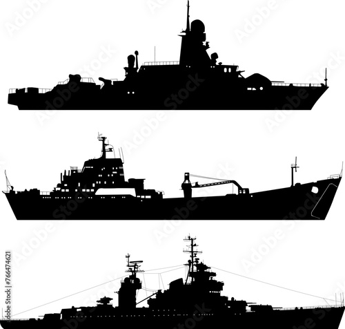 Set silhouette on a white background of a ship military destroyer