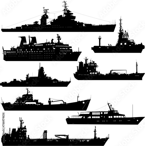 Set silhouette on a white background of a ship military destroyer and a transport ship