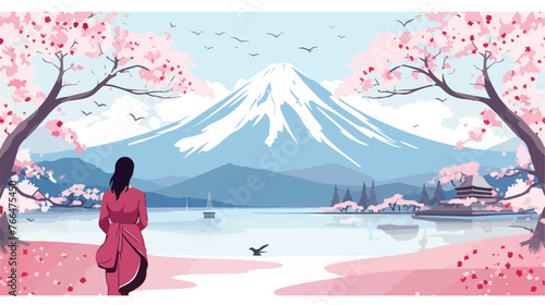 Vector image of woman near Sakura Blossom with Fuji 