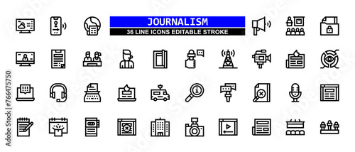 36 Journalism Line Icons Set Pack Editable Stroke Vector Illustration.