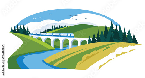 viaduct among green hills. Rail transportation and travel. Summer or spring landscape of the river bank. Vacation and leave. Vector flat illustration