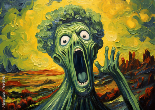 In front of a swirling background,a green character is depicted with a shocked and horrified expression.The character's mouth is open screaming,his eyes are bulging,his hair is like broccoli.AI genera