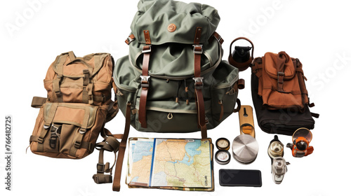 A diverse collection of backpacks, a map, and other travel essentials ready for exploration