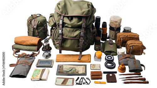 A collection of military items, including a backpack and various gear, ready for deployment
