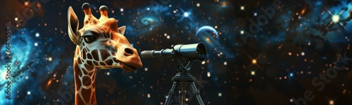Giraffe with telescope gazing at the stars, an imaginative take on curiosity and the quest for knowledge 