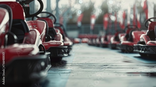 A row of go karts lined up, perfect for recreational or racing concepts
