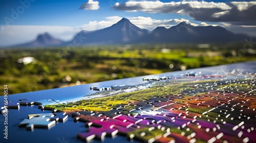 Colorful puzzle pieces on a table with a beautiful landscape in the background
