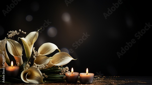 White calla lilies and candles on a dark background